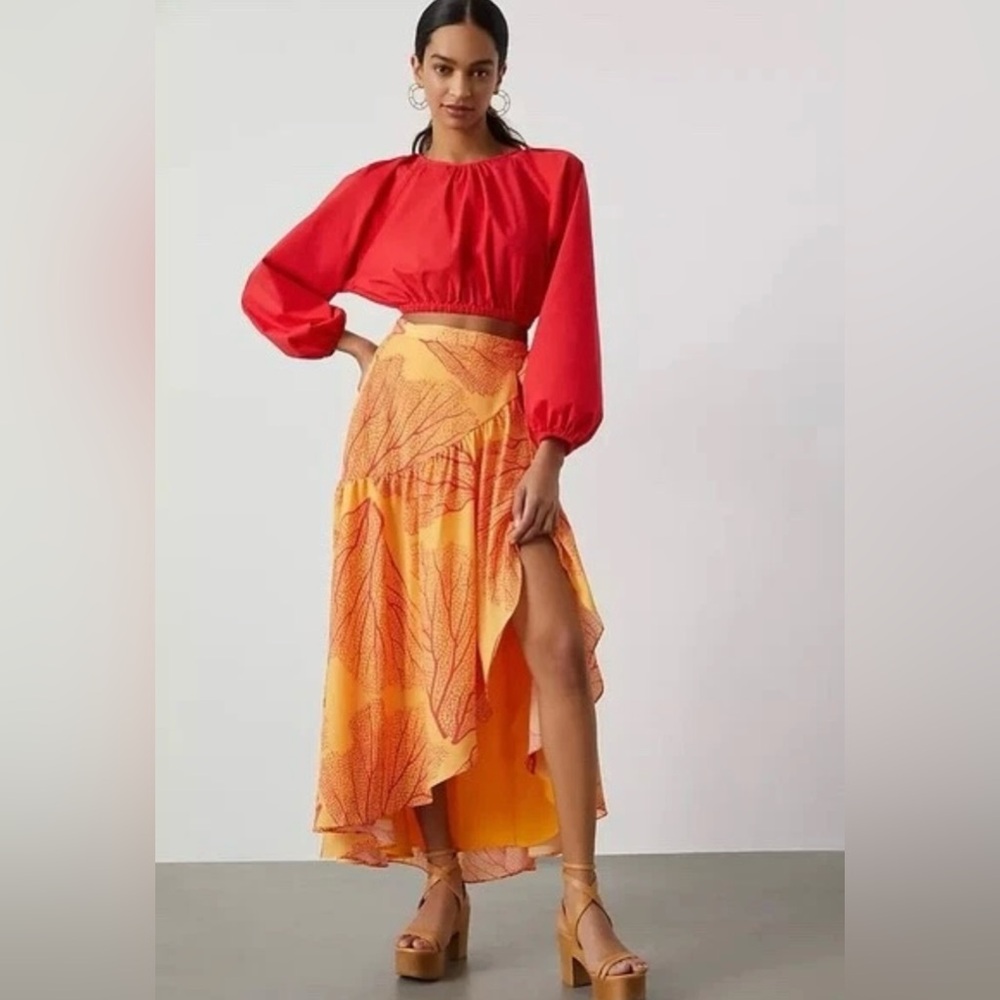 NWOT size Small Anthropologie x Hutch Printed Orange maxi wrap skirt